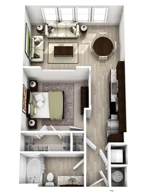 a stylized floor plan of a bedroom with a bed and a bathroom